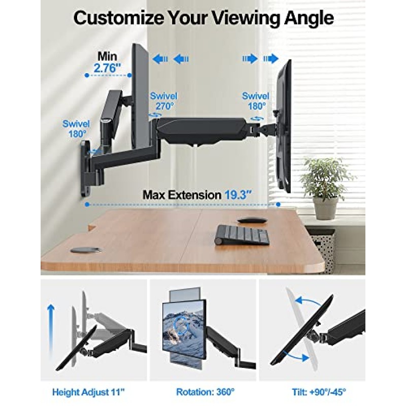 MOUNTUP 최대 32인치 컴퓨터 화면 2대용 듀얼 모니터 벽걸이, 완전히 조절 가능한 가스 스프링 이중 모니터 암, 벽걸이형 모니터 홀더 지원 2.2-17.6lbs 디스플레이, VESA 브래킷 75x75, 100x100