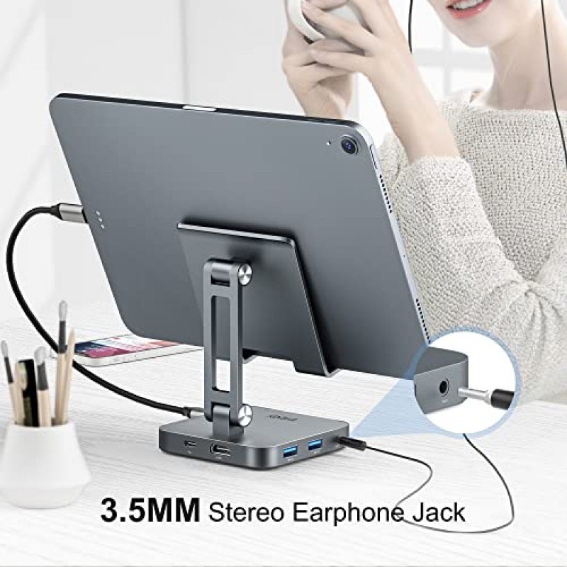 BYEASY USB C 허브(스탠드 포함), 4K 30HZ HDMI가 포함된 7 in 1 도킹 스테이션, 3.5mm 오디오 잭, 60W PD 충전, USB 3.0 2개, SD/TF 카드 리더기, iPad Pro 2021-2018/Macbook Pro 2017-2019용