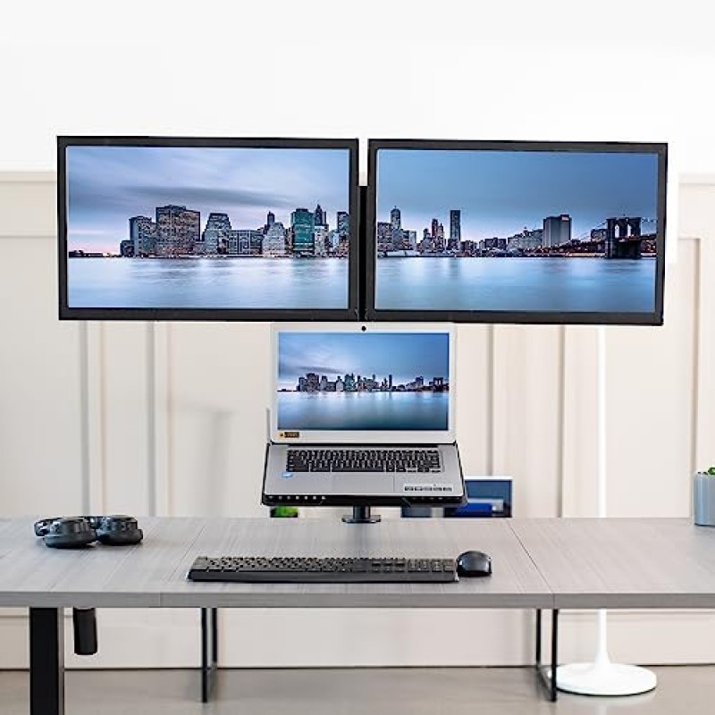 VIVO 노트북 및 듀얼 13~27인치 LCD 모니터 스탠드형 데스크 마운트, 높이 조절식 스탠드, 최대 17인치 노트북에 적합, 검정색, STAND-V012J