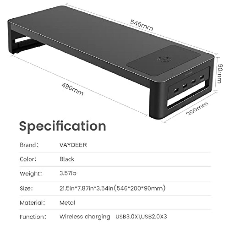 무선 충전기 및 USB3.0 허브를 지원하는 Vaydeer 모니터 스탠드 라이저 데이터 전송 및 추가 저장 장치 노트북 컴퓨터용 강철 책상 정리함 최대 27인치 및 66파운드