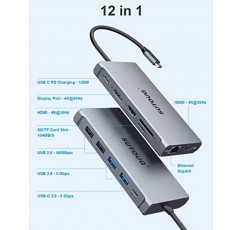SUTOUG 12 in 1 USB C 허브, 도킹 스테이션, MacBook Pro 및 Windows용 트리플 디스플레이 노트북 도킹 스테이션(HDMI 2개, DP, 100W PD, SD/TF 카드 리더기, USB 3.0 포트 3개), MAC OS 전용 미러 모드 지원