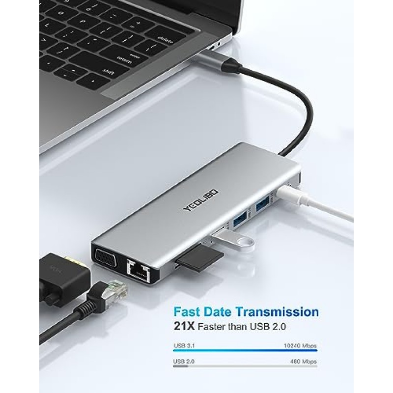 도킹 스테이션, 14 in 1 USB C 도킹 스테이션, USB C 허브 트리플 디스플레이 Type C 어댑터 MacBook Pro 및 Type C 노트북과 호환 가능(4K HDMI,10Gbps USB 3.1, 1000Mbps 이더넷, USB 2.0, VGA)