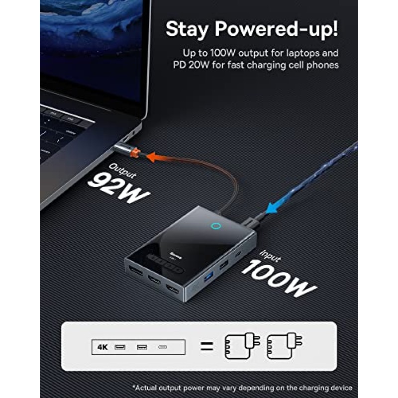 Baseus 노트북 도킹 스테이션 4중 디스플레이, USB C 도킹 스테이션 듀얼 모니터, HDMI 4K, 120Hz 디스플레이 포트 2개, VGA, 100W PD, USB A&C 3.0 포트, Dell/HP/Lenovo/MacBook용 HDMI 분배기