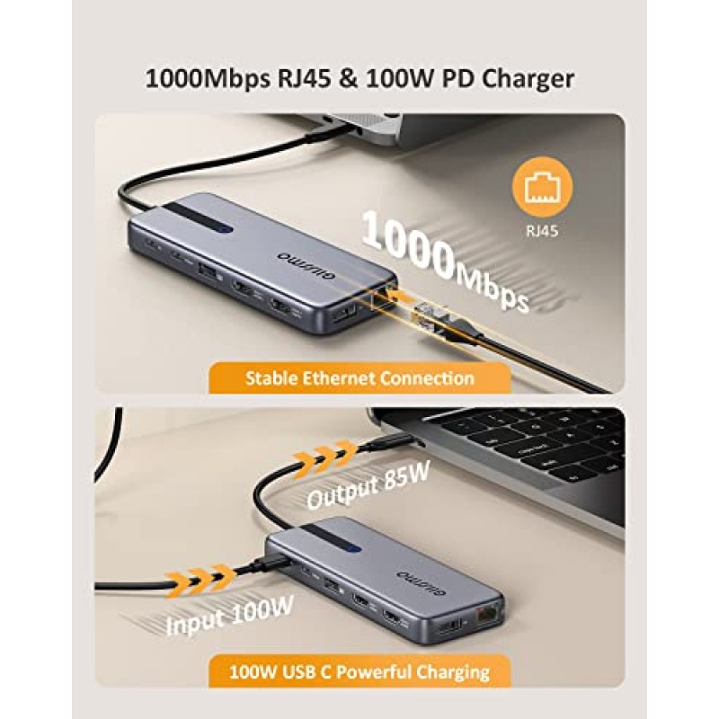 USB C 노트북 도킹 스테이션, 13 in 1 도킹 스테이션 듀얼/트리플 모니터 허브 멀티포트 어댑터, 2개의 HDMI, DP, RJ45, 10Gbps USB C/A 3.1, 100W PD, USB 3.0/2.0, MacBook용 SD/TF Dell HP Lenovo
