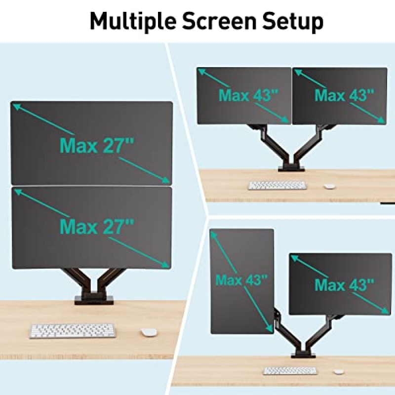 MOUNT PRO 듀얼 모니터 마운트(울트라와이드 컴퓨터 화면 각각 최대 43인치/37.5파운드), 프리미엄 긴 모니터 암, 모니터 2대용 고강도 가스 스프링 모니터 스탠드, VESA 데스크 마운트 75x75 100x100