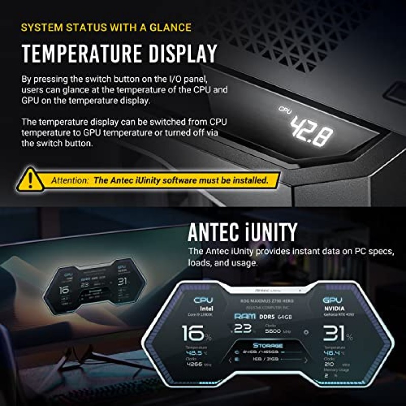 Antec Performance 1 FT, 풀 타워, RTX40 완전 호환, 온도 디스플레이, 4 x Storm T3 PWM 팬, Type-C, 듀얼 TG 측면 패널, 탈착식 상단 브래킷, 높은 공기 흐름 메시 전면 패널, E-ATX PC 게임 케이스