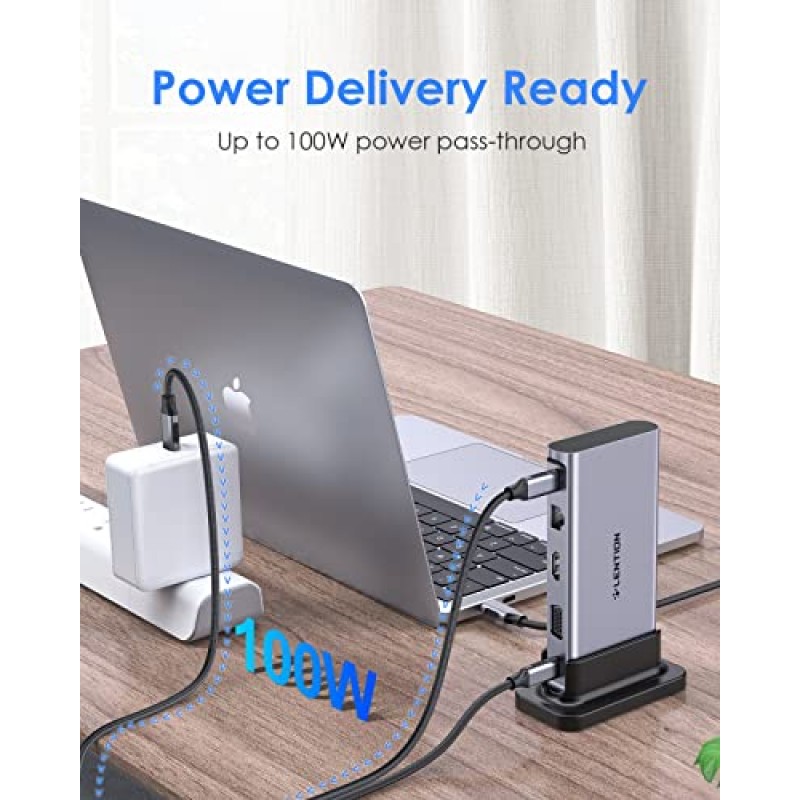 LENTION USB C 도킹 스테이션(100W PD, 4K HDMI, VGA, 이더넷, 카드 리더기, MacBook Pro용 USB 3.0 및 Aux 어댑터, 새로운 Mac Air/Surface/Steam 데크, 기타, 안정적인 드라이버 인증(CB-D55, 스페이스 그레이))