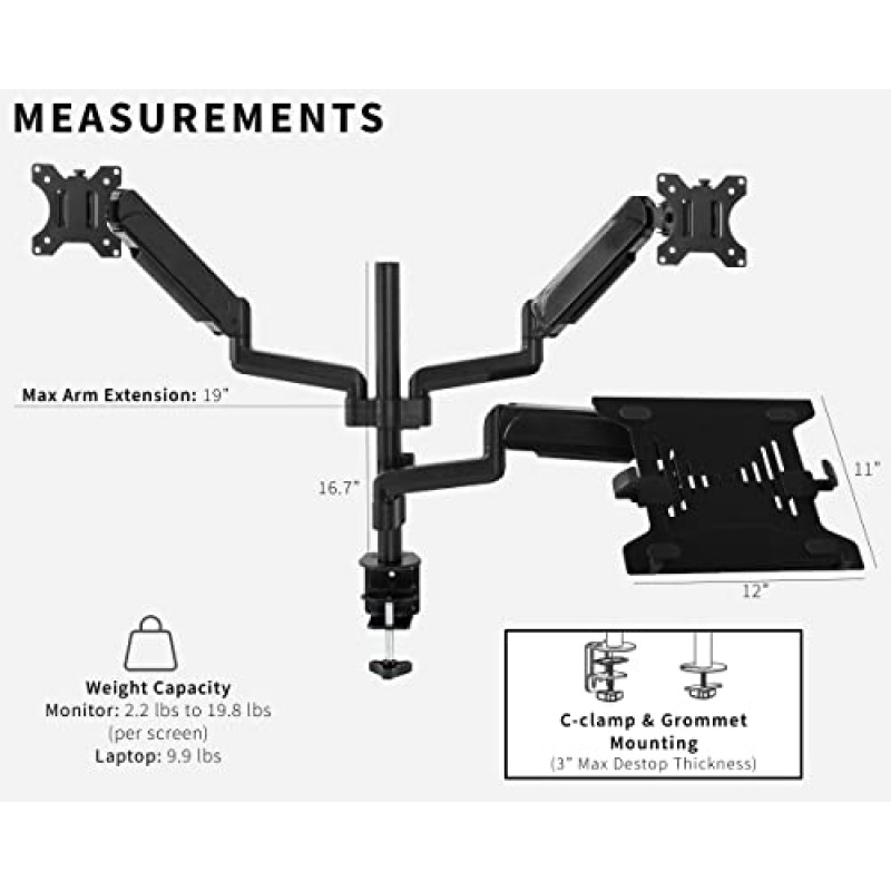 VIVO 노트북 및 듀얼 17~32인치 모니터 공압식 암 마운트, 평면 또는 곡면 컴퓨터 화면 2개 및 10~15.6인치 노트북에 적합, 노트북 트레이, C-클램프, 그로밋 장착 베이스, 검정색, STAND-V003KL