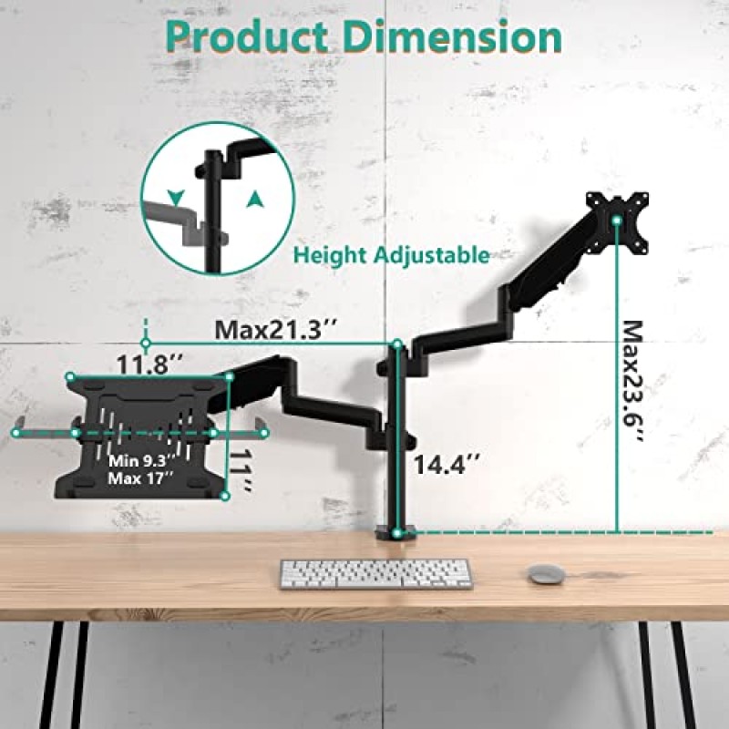 WALI 모니터 노트북 마운트 스탠드, 노트북 가스 스프링 암 마운트, 노트북 트레이 최대 15.6인치, 모니터 최대 32인치, 17.6lbs(GSDM002LP), 검정색