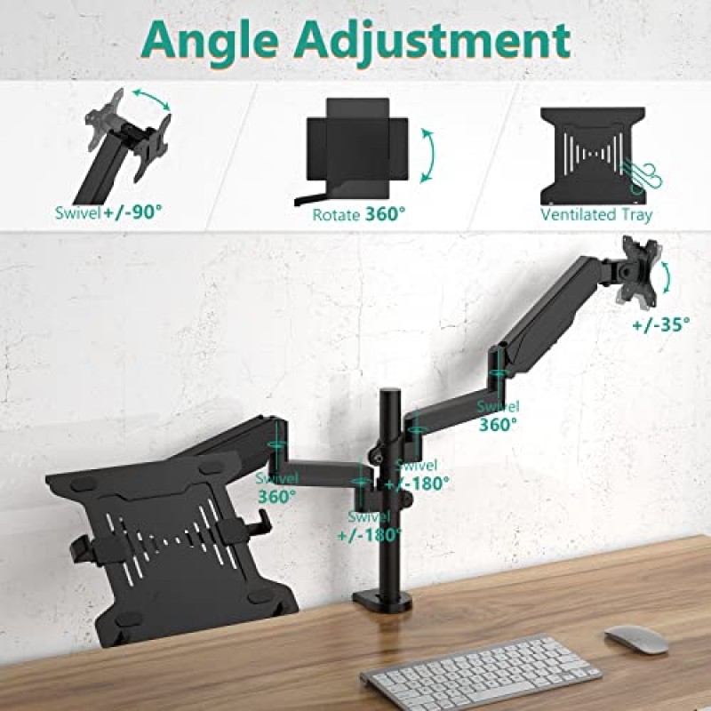 WALI 모니터 노트북 마운트 스탠드, 노트북 가스 스프링 암 마운트, 노트북 트레이 최대 15.6인치, 모니터 최대 32인치, 17.6lbs(GSDM002LP), 검정색