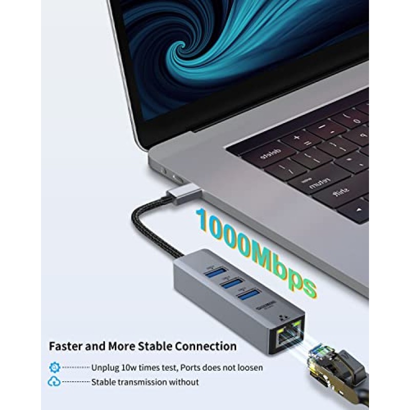 USB-이더넷 어댑터, 노트북용 USB 이더넷 어댑터 Shuomeng USB RJ45 허브, 3*USB 3.0 기가비트 1000/100/10Mbps 지원 Windows, Mac OS, Surface Pro, Linux, XPS, 스마트 TV 등(10개)