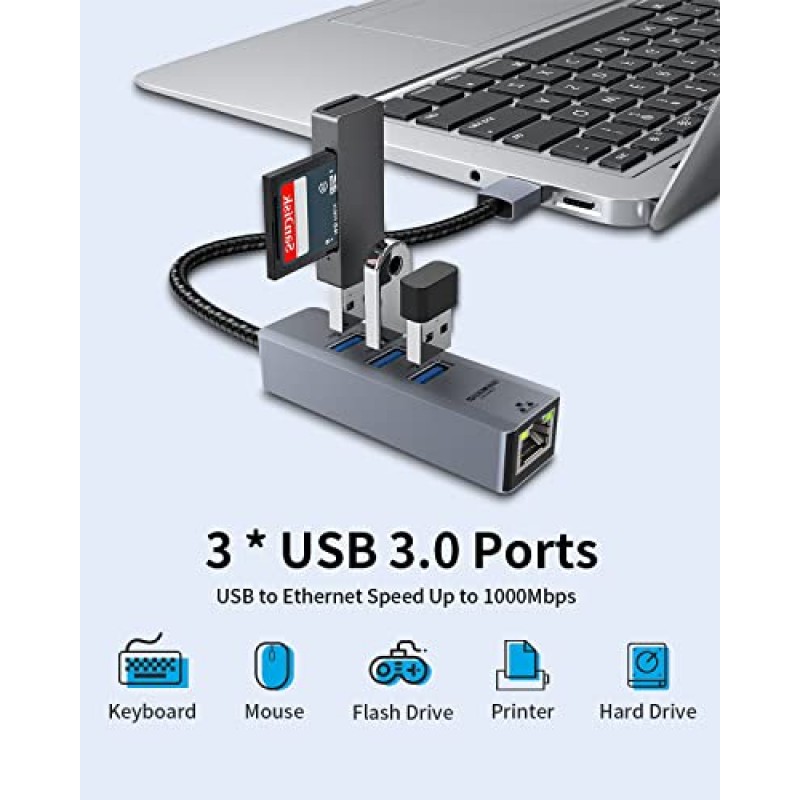 USB-이더넷 어댑터, 노트북용 USB 이더넷 어댑터 Shuomeng USB RJ45 허브, 3*USB 3.0 기가비트 1000/100/10Mbps 지원 Windows, Mac OS, Surface Pro, Linux, XPS, 스마트 TV 등(10개)