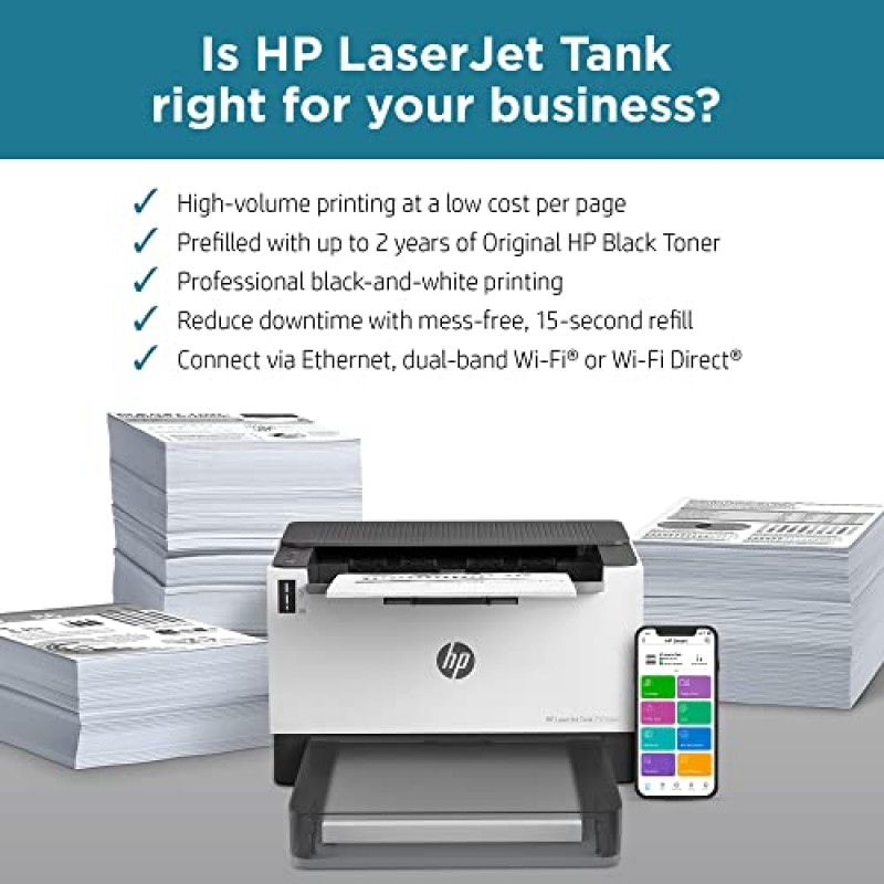 HP Laserjet-Tank 2504dw 무선 흑백 흑백 프린터에는 최대 2년치의 정품 HP 토너(2R7F4A)가 사전 충전되어 있습니다.