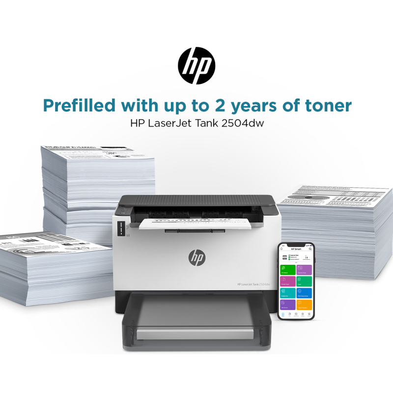 HP Laserjet-Tank 2504dw 무선 흑백 흑백 프린터에는 최대 2년치의 정품 HP 토너(2R7F4A)가 사전 충전되어 있습니다.