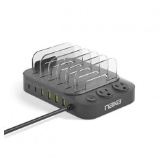 Naxa NAP-5001 8-in-1 Dock 충전 스테이션(Qi 15W 무선, AC, USB-A 및 USB-C 포함) 휴대폰, 노트북 및 전자제품용, 블랙