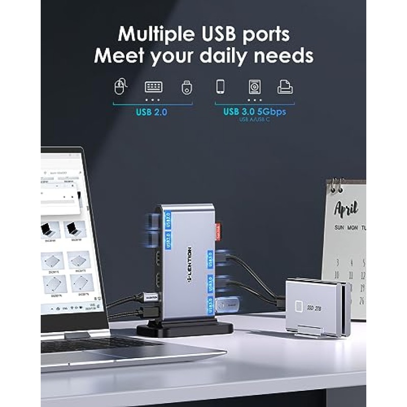 LENTION 10-in-1 USB-C 도킹 스테이션, 듀얼 4K HDMI, 100W 전원 공급, USB C 데이터 포트, USB 3.0/2.0, Windows 노트북/Dell/Thinkpad/Lenovo용 SD/TF 카드 리더기, 기타(D62, Space 회색)