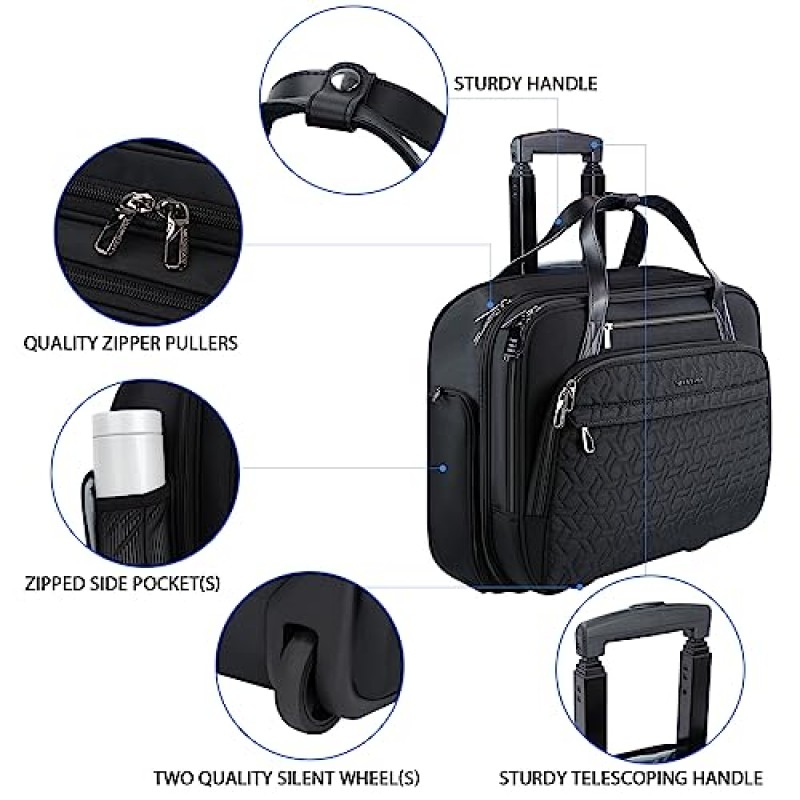 여성용 남성용 VANKEAN 롤링 노트북 가방, 최대 15.6인치 노트북에 맞는 롤링 서류 가방, 여행 비즈니스 대학용 RFID 포켓이 있는 방수 밤새 롤링 컴퓨터 가방, 블랙