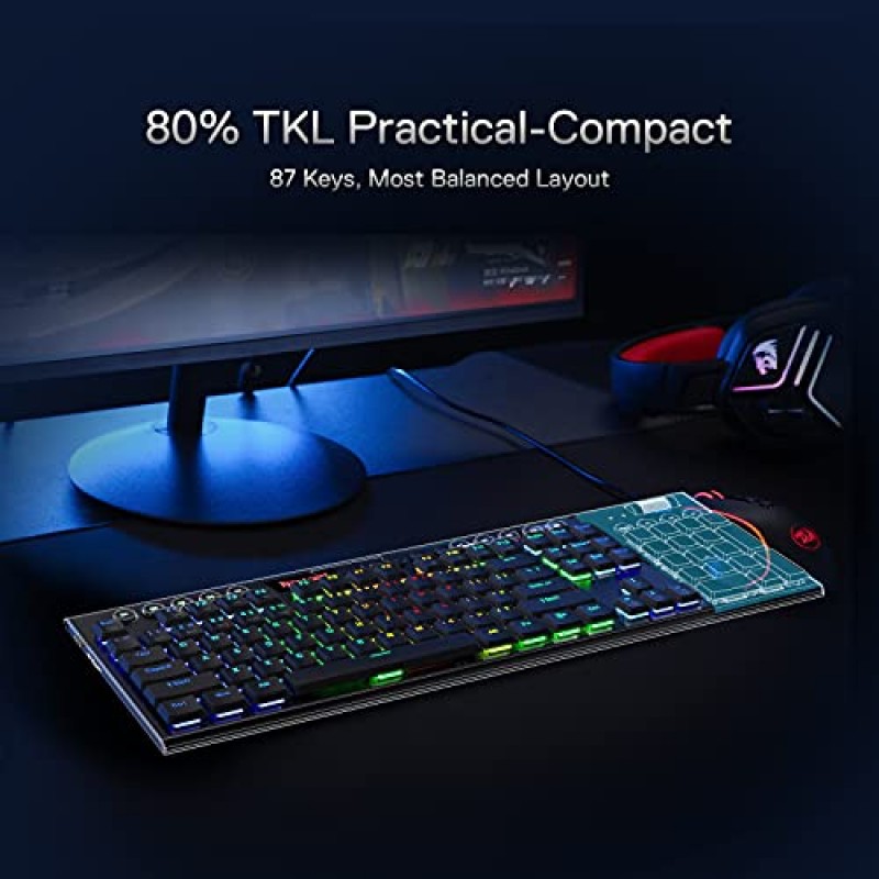 Redragon K621 Horus TKL 무선 RGB 기계식 키보드, 5.0 BT/2.4 Ghz/유선 3가지 모드 80% 초박형 로우 프로파일 Bluetooth 키보드(전용 미디어 제어 및 Clicky Blue 스위치 포함), 검정색