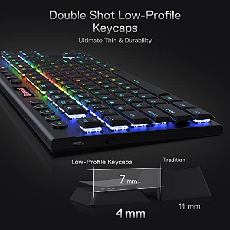 Redragon K621 Horus TKL 무선 RGB 기계식 키보드, 5.0 BT/2.4 Ghz/유선 3가지 모드 80% 초박형 로우 프로파일 Bluetooth 키보드(전용 미디어 제어 및 Clicky Blue 스위치 포함), 검정색