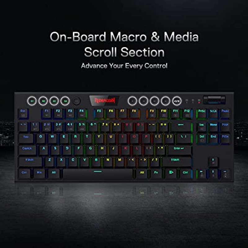 Redragon K621 Horus TKL 무선 RGB 기계식 키보드, 5.0 BT/2.4 Ghz/유선 3가지 모드 80% 초박형 로우 프로파일 Bluetooth 키보드(전용 미디어 제어 및 Clicky Blue 스위치 포함), 검정색