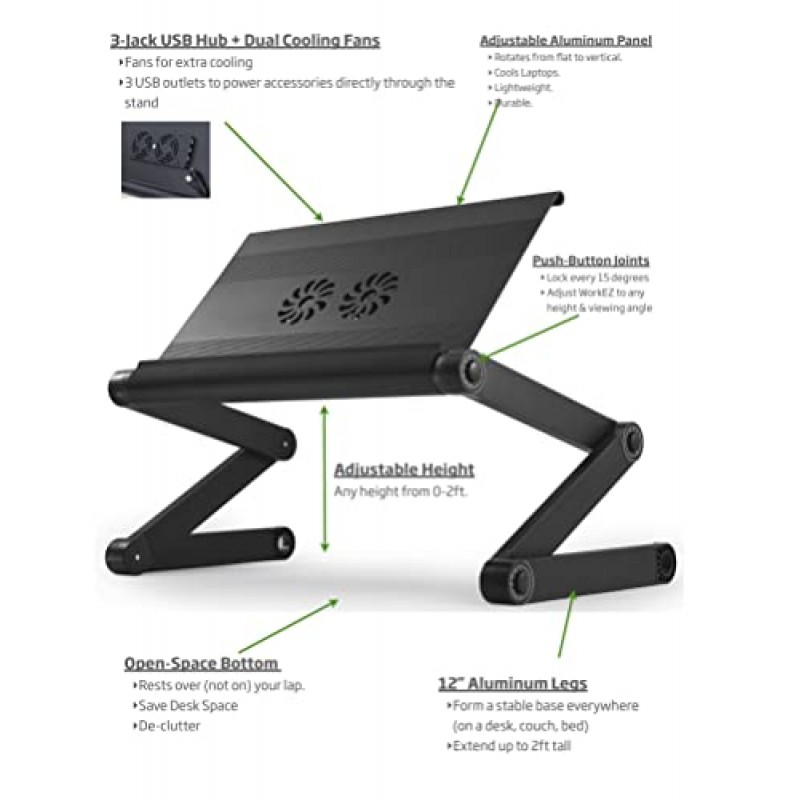 WorkEZ Executive 조정 가능한 노트북 스탠드(팬 2개 포함) USB 포트 3개 인체공학적 알루미늄 무릎 책상(침대용) 소파 트레이 홀더 접이식 높이 틸트 각도 냉각 쿨러 휴대용 데스크탑 라이저 블랙