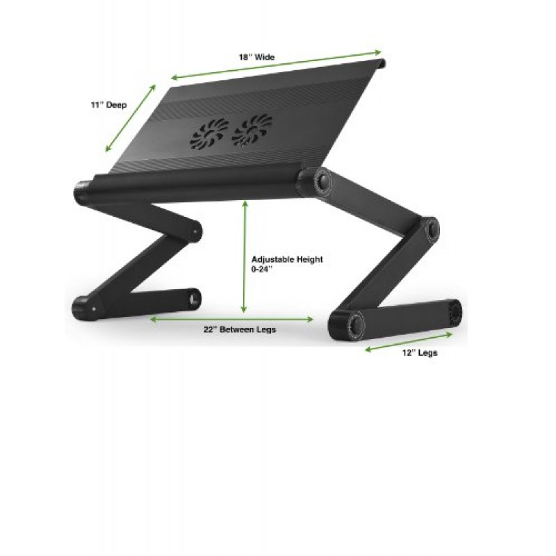 WorkEZ Executive 조정 가능한 노트북 스탠드(팬 2개 포함) USB 포트 3개 인체공학적 알루미늄 무릎 책상(침대용) 소파 트레이 홀더 접이식 높이 틸트 각도 냉각 쿨러 휴대용 데스크탑 라이저 블랙