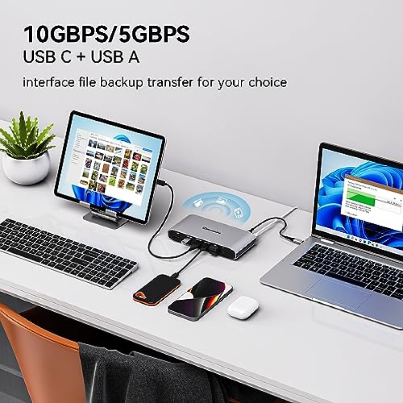 USB C 비디오가 포함된 Minisopuru 도킹 스테이션 3개 모니터, HP Dell 노트북용 USB C 도킹 스테이션, USB C 모니터가 포함된 15 in 1 노트북 도킹 스테이션, 듀얼 4K HDMI, VGA, 10Gbps 데이터, 100W PD, 5개의 USB A 포트