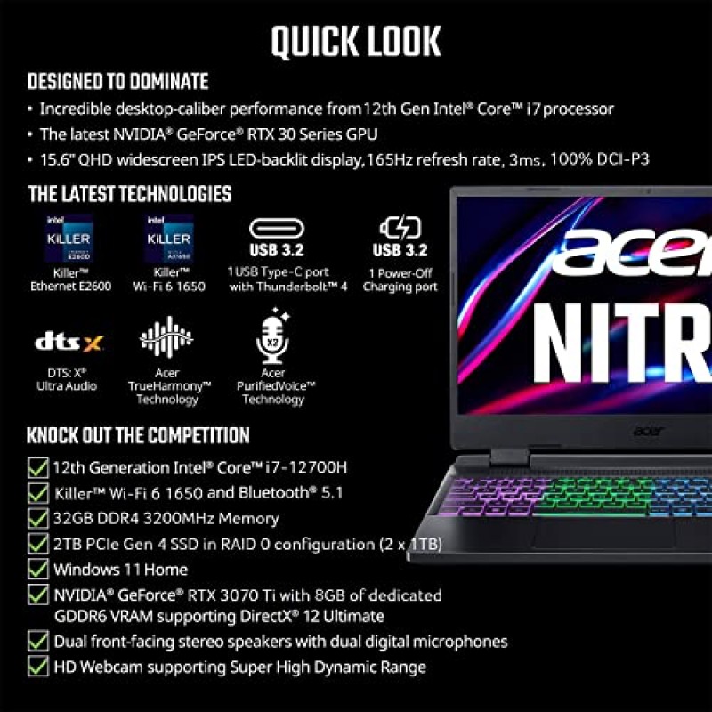 Acer Nitro 5 AN515-58-7583 게이밍 노트북 | 인텔 코어 i7-12700H | NVIDIA GeForce RTX 3070 Ti 노트북 GPU | 15.6인치 QHD 165Hz 3ms IPS 디스플레이 | 16GB DDR4 | RAID 0의 2TB SSD | Killer WiFi 6 | RGB 키보드