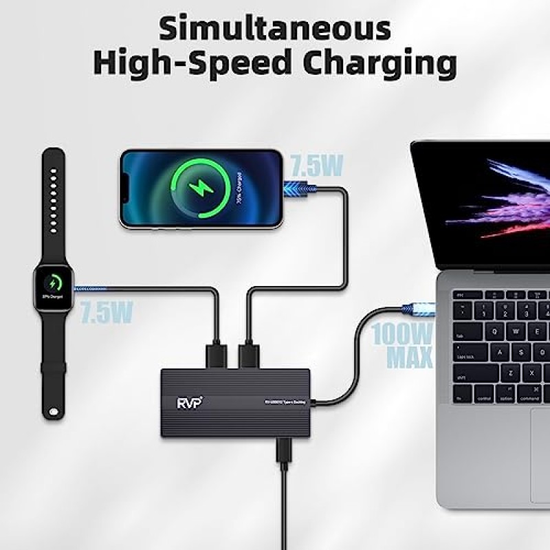 RVP+ USB C 도킹 스테이션 3개 모니터, 12-in-1, 트리플 디스플레이-4K HDMI 듀얼 모니터 및 VGA, 5Gbps USB-C/A 데이터 전송, USB 3.0, 100W 노트북 충전, 기가비트 이더넷, 오디오, SD/TF 동글 (RV-USB012)