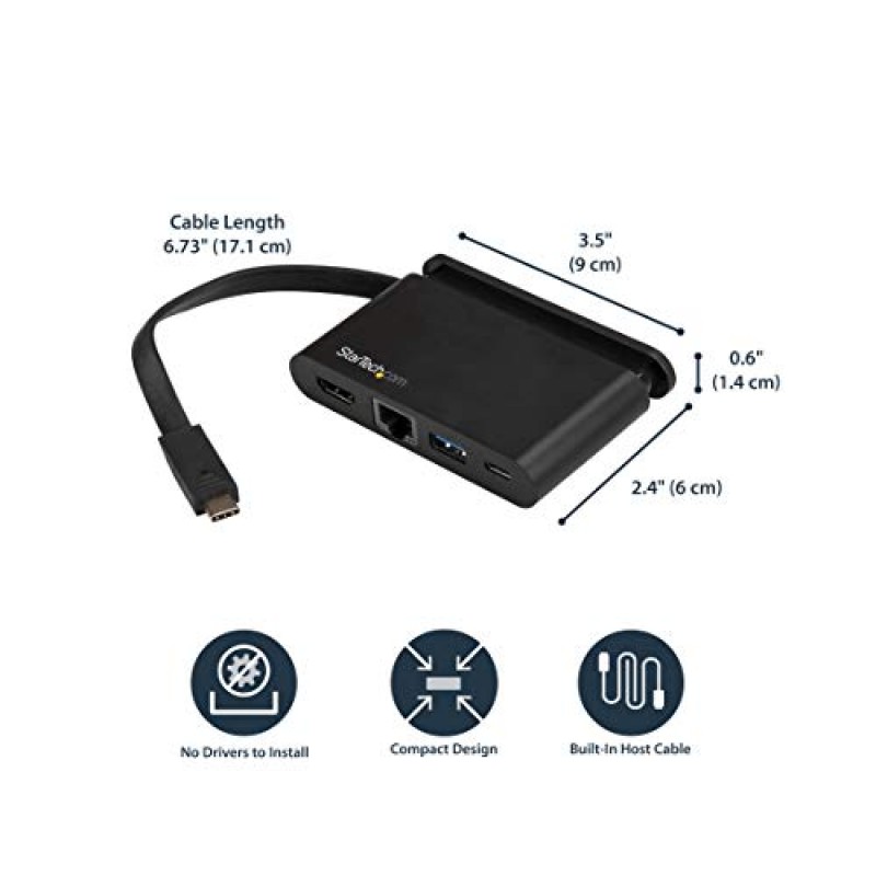 StarTech.com USB C 멀티포트 어댑터 - 4K HDMI를 갖춘 휴대용 USB-C 도크 - 100W PD 3.0 패스스루, 1x USB-A, 1x USB-C, GbE - Thunderbolt 3 및 USB Type-C 노트북 여행용 도크 - Mac 및 Windows (DKT30CHCPD)