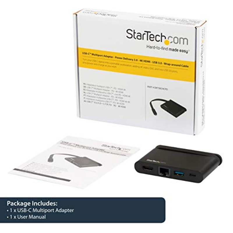 StarTech.com USB C 멀티포트 어댑터 - 4K HDMI를 갖춘 휴대용 USB-C 도크 - 100W PD 3.0 패스스루, 1x USB-A, 1x USB-C, GbE - Thunderbolt 3 및 USB Type-C 노트북 여행용 도크 - Mac 및 Windows (DKT30CHCPD)