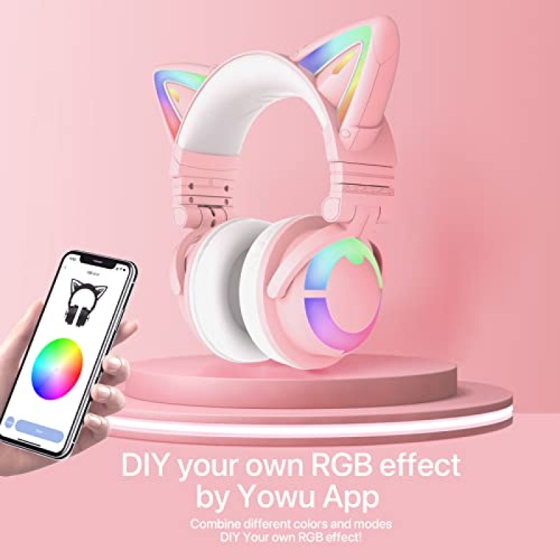 YOWU RGB 고양이 귀 헤드폰 3G 무선 5.0 접이식 게이밍 핑크 헤드셋, 7.1 서라운드 사운드, 내장 마이크 및 앱을 통한 맞춤형 조명 및 효과, Type-C 충전 오디오 케이블 - 핑크