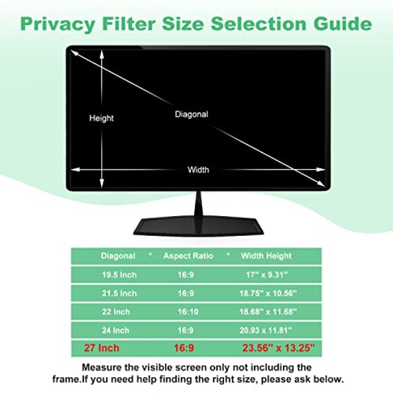 27인치 컴퓨터 개인 정보 보호 화면 필터 걸기, 16:9 와이드스크린 모니터용 DEJIMAX 개인 정보 보호 쉴드 화면 보호기 눈부심 방지 및 청색광 방지