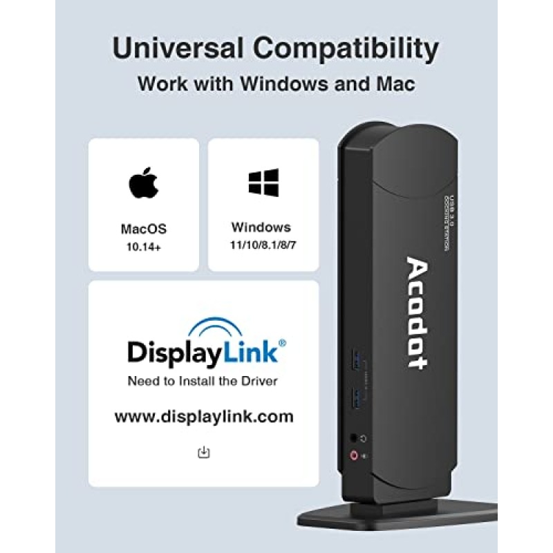 USB 3.0 범용 도킹 스테이션, Acodot 13 in 1 노트북 도킹 스테이션 Windows 및 Mac용 듀얼 모니터, HDMI, VGA, DVI, 6X USB 3.0, 기가비트 이더넷, 오디오를 갖춘 USB C 도킹 스테이션