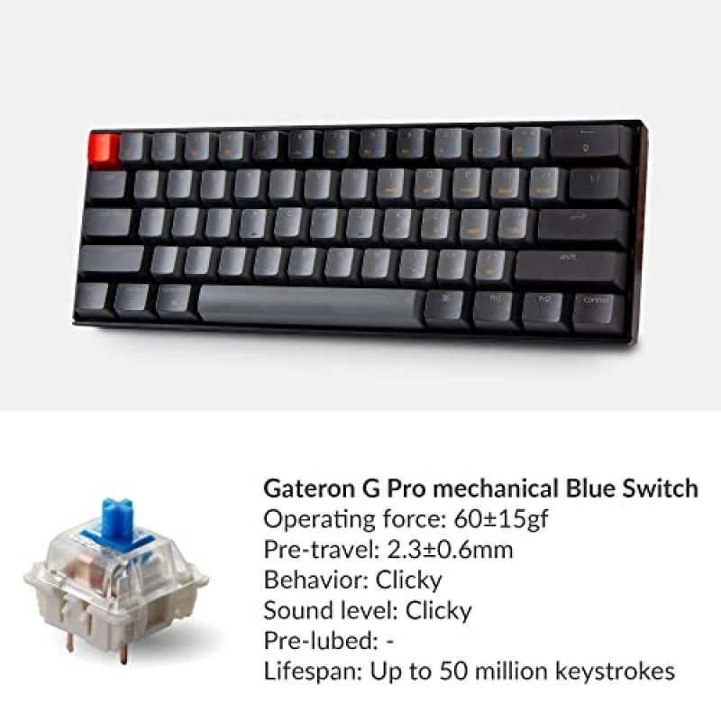 Keychron K12 60% 레이아웃 Gateron G Pro 파란색 스위치가 있는 Mac용 Bluetooth 무선/USB 유선 기계식 키보드 흰색 LED 백라이트 N키 롤오버, 컴팩트 61키 Windows용 컴퓨터 게임 키보드