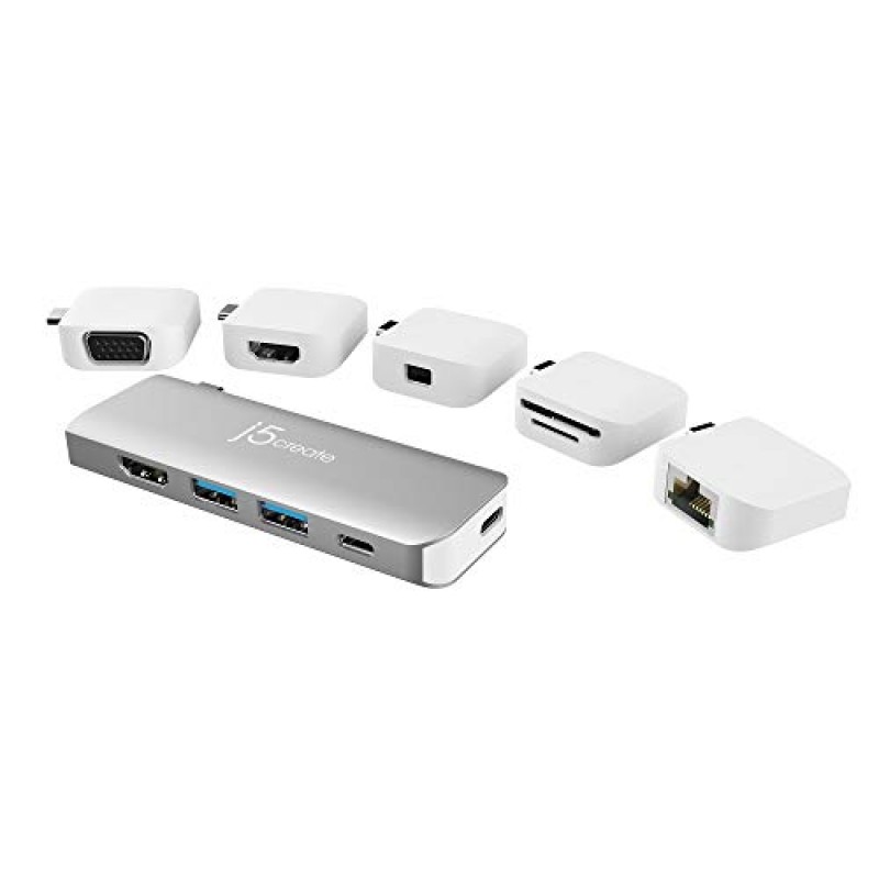 j5create USB-C 다중 디스플레이 모듈형 허브 | HDMI x 2, 미니 DisplayPort, VGA, PD 100W, RJ-45 이더넷, USB-A x 2, USB Type-C x 1, MacBook Pro/Air용 SD 카드 리더기, iPad Pro 2021/2020/2018(JCD389)