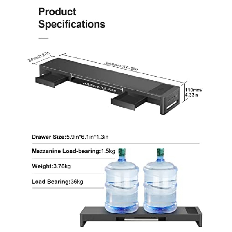 서랍 2개, USB 포트 4개 및 충전 패드가 포함된 Meatanty 듀얼 모니터 스탠드 라이저, 데이터 전송 및 충전을 지원하는 모니터 2개용 금속, 데스크 정리 PC, iMac(38.7 x 7.9 4.3인치)