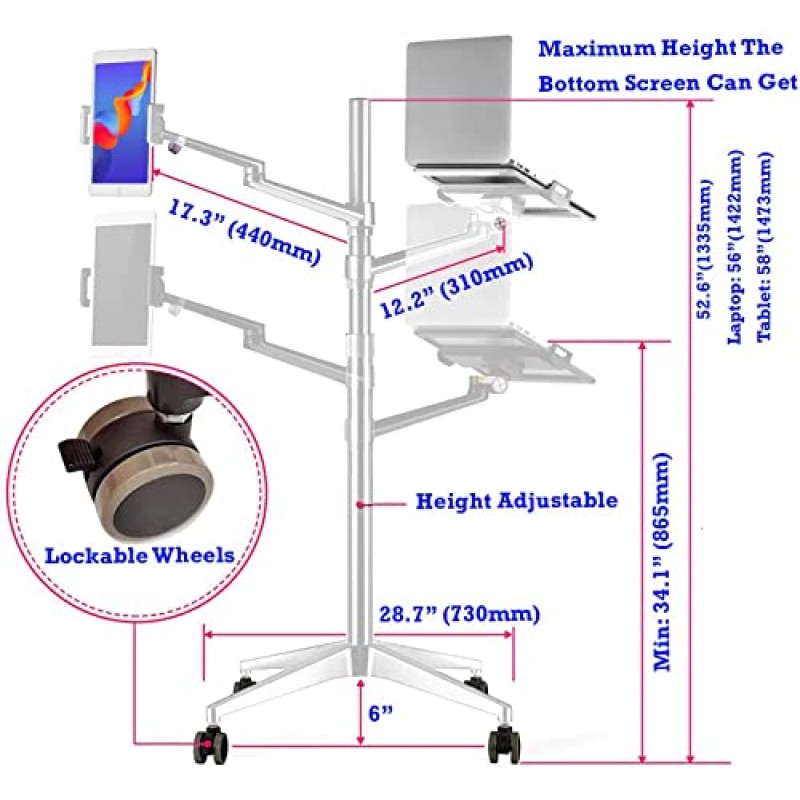 MagicHold 듀얼 암 높이 조절 가능한 스탠드 마운트(노트북 11-17인치용 롤링 휠 포함), ipad,ipad Mini.ipad pro 12.9인치,태블릿,Ereader(실버 4개 다리)와 호환 가능