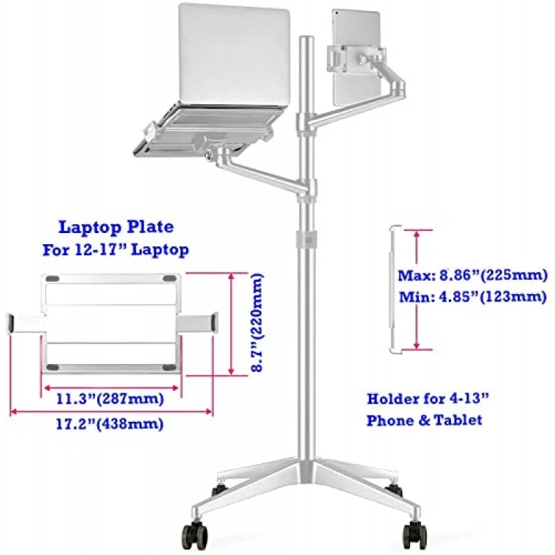 MagicHold 듀얼 암 높이 조절 가능한 스탠드 마운트(노트북 11-17인치용 롤링 휠 포함), ipad,ipad Mini.ipad pro 12.9인치,태블릿,Ereader(실버 4개 다리)와 호환 가능