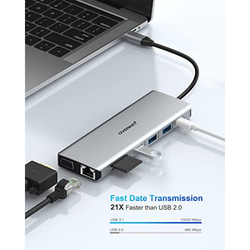 도킹 스테이션, Overket 14 in 1 USB C 도킹 스테이션, USB C 허브 트리플 디스플레이 Type C 어댑터 MacBook Pro 및 Type C 노트북과 호환 가능(4K HDMI,10Gbps USB 3.1, 1000Mbps 이더넷, USB 2.0, VGA)