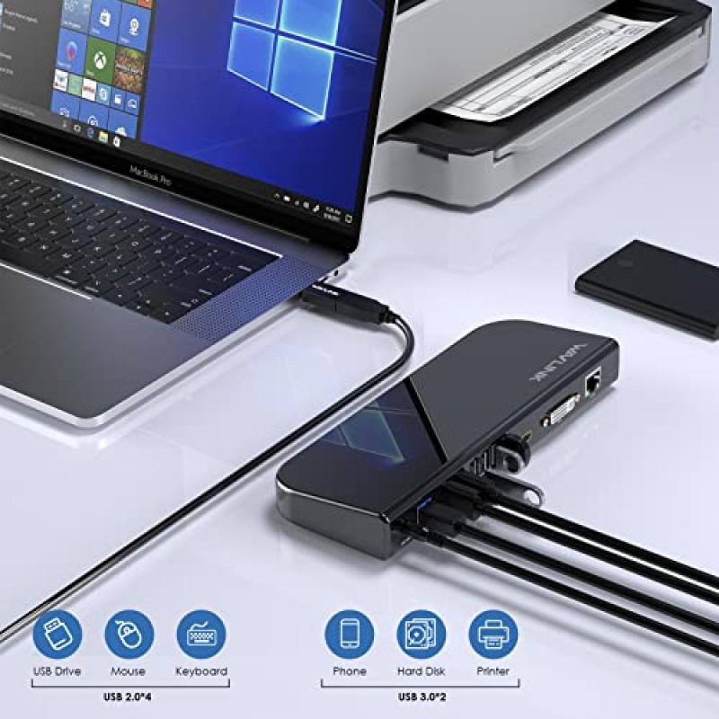 WAVLINK USB 3.0 및 USB C 범용 노트북 도킹 스테이션 듀얼 모니터 HDMI 및 HDMI/DVI/VGA 디스플레이, 기가비트 이더넷, 6USB 포트, 오디오, Windows,Mac, Chrome OS, Android 7.1 이상 지원