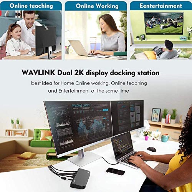 WAVLINK USB 3.0 및 USB C 범용 도킹 스테이션 듀얼 비디오 모니터 디스플레이 DVI HDMI VGA 기가비트 이더넷, 오디오, 노트북, 울트라북 및 PC용 USB 포트 6개