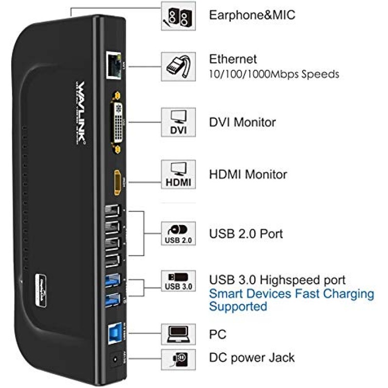 WAVLINK USB 3.0 및 USB C 범용 도킹 스테이션 듀얼 비디오 모니터 디스플레이 DVI HDMI VGA 기가비트 이더넷, 오디오, 노트북, 울트라북 및 PC용 USB 포트 6개