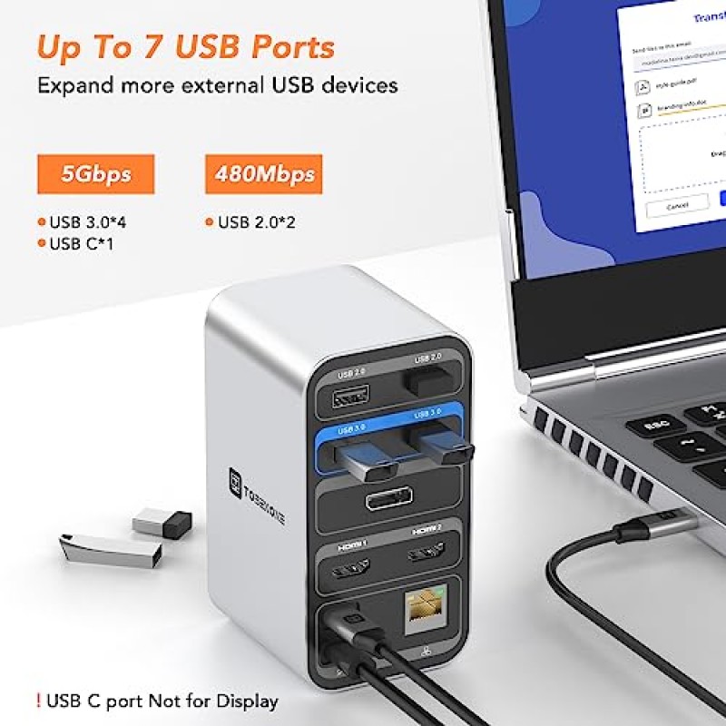 TOBENONE 노트북 도킹 스테이션 듀얼 모니터(100W GaN™ 충전기 포함), USB C 도킹 스테이션(HDMI 2개, DP, USB 포트 7개, 기가비트 이더넷, 오디오, Windows 노트북용 범용 USB C 도킹 스테이션)