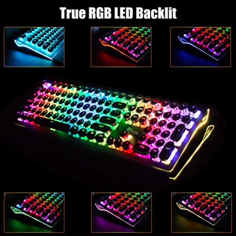 RK ROYAL KLUDGE S108 타자기 스타일 복고풍 기계식 게임용 키보드, True RGB 백라이트 접이식 손목 받침대 108키 파란색 스위치 원형 키캡 - 검정색