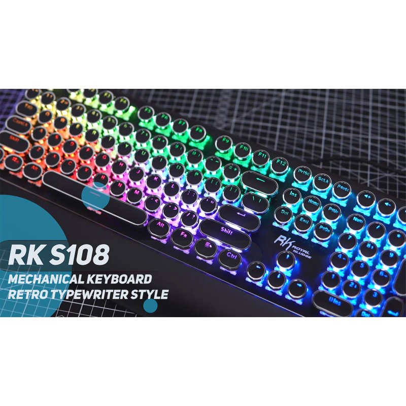 RK ROYAL KLUDGE S108 타자기 스타일 복고풍 기계식 게임용 키보드, True RGB 백라이트 접이식 손목 받침대 108키 파란색 스위치 원형 키캡 - 검정색