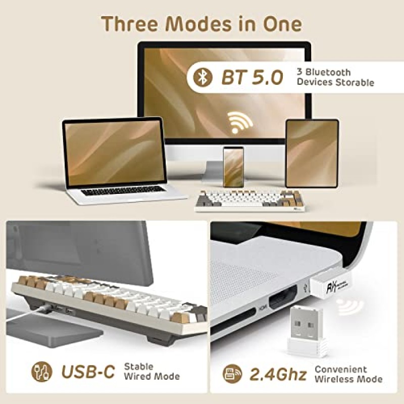 RK ROYAL KLUDGE RK84 RGB Limited Ed, 75% 트리플 모드 BT5.0/2.4G/USB-C 핫 스왑 가능 기계식 키보드, 84키 무선 Bluetooth 게임용 키보드, RK 노란색 스위치, Macchiato 흰색