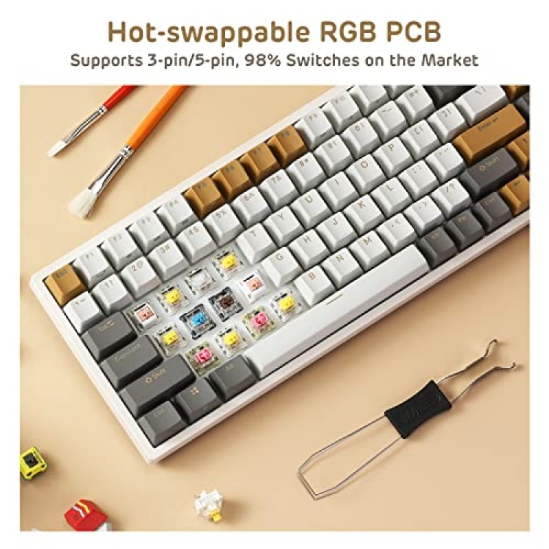 RK ROYAL KLUDGE RK84 RGB Limited Ed, 75% 트리플 모드 BT5.0/2.4G/USB-C 핫 스왑 가능 기계식 키보드, 84키 무선 Bluetooth 게임용 키보드, RK 노란색 스위치, Macchiato 흰색