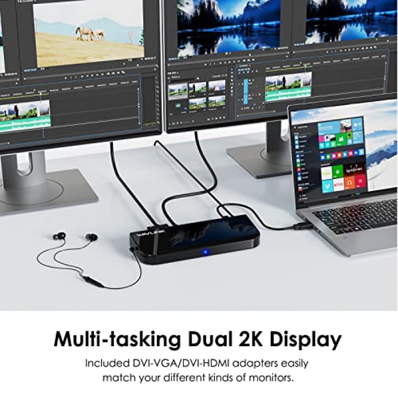 WAVLINK USB 노트북 도킹 스테이션 듀얼 모니터, M1 M2 Mac 및 Windows용 DisplayLink 컴퓨터 도크, ChromeOS, Ubuntu 20.04/22.04(HDMI 및 HDMI/DVI/VGA, 6xUSB 포트, LAN, 오디오)