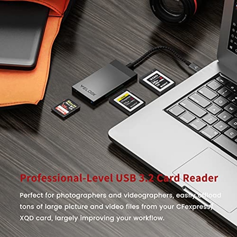 3-in-1 CFexpress/XQD/SD 카드 리더기 USB C, VELOGK 듀얼 슬롯 USB 3.2(10Gbps) CFexpress Type B 카드 리더기 어댑터(Android/Windows/Mac OS/Linux와 호환 가능, 브러시드 알루미늄 케이스 및 휴대용 파우치 포함)